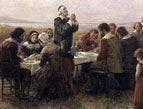 early English settlers americans eating thanksgiving meal