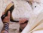 man with beard and glasses blowing a shofar