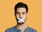 man with mouth taped shut